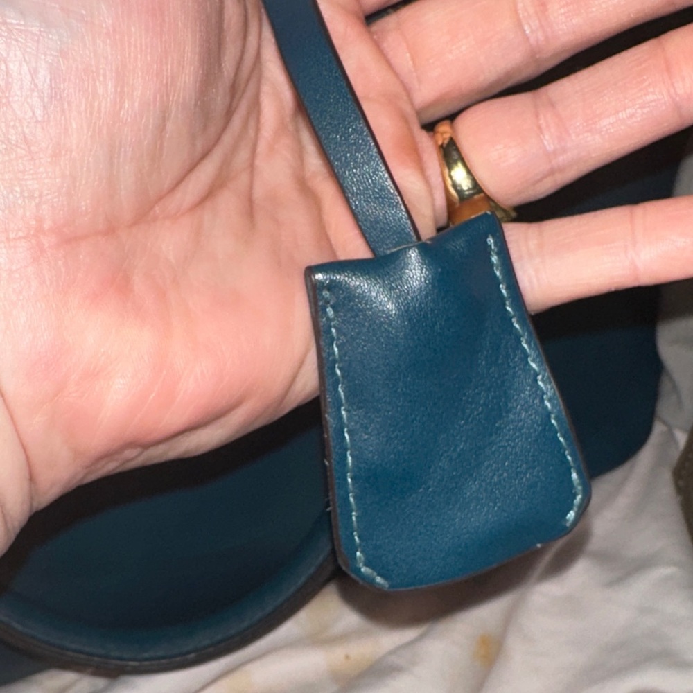 Adrienne Vittadini teal leather satchel gold accents charm and feet like new - Picture 12 of 16
